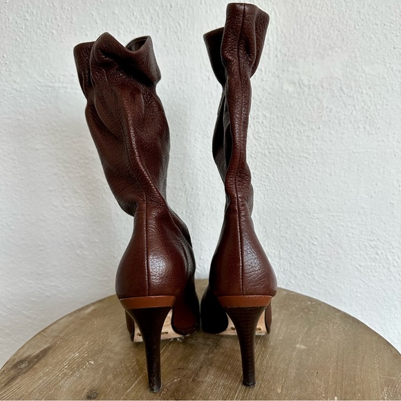 Cole Haan Nike Air GALI Brown Leather Boots Mid Calf Ruffle Top Size 8 - Picture 2 of 14